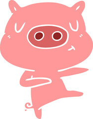 flat color style cartoon content pig dancing