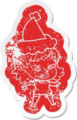 pretty cartoon distressed sticker of a elf girl wearing santa hat