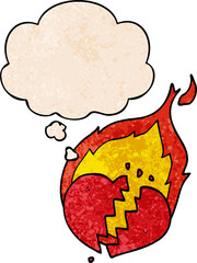 cartoon flaming heart and thought bubble in grunge texture pattern style