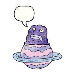 speech bubble textured cartoon alien on planet