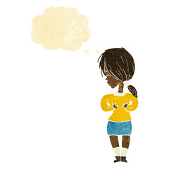 cartoon shy woman with thought bubble