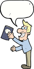 cartoon man with book with speech bubble