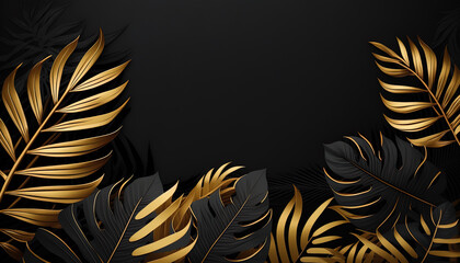 Luxury floral background with golden and black palm, monstera leaves on black background with empty space for text.