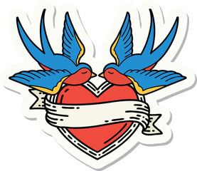 tattoo style sticker of a swallows and a heart with banner