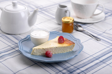 Cottage cheese casserole with raspberries for breakfast.