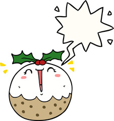 cute cartoon christmas pudding and speech bubble