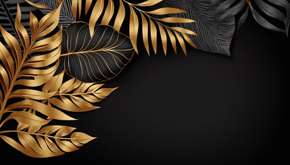 Luxury floral background with golden and black palm, monstera leaves on black background with empty space for text. - obrazy, fototapety, plakaty