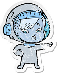 distressed sticker of a cartoon astronaut woman