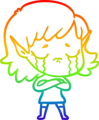 rainbow gradient line drawing cartoon crying elf girl