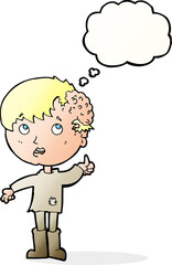 cartoon boy with growth on head with thought bubble