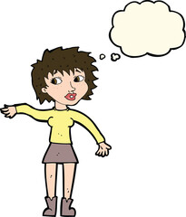 cartoon friendly woman waving with thought bubble
