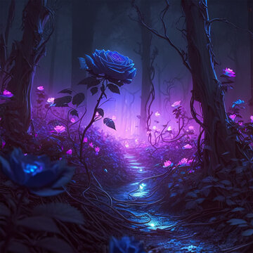 Beautiful blue rose in dark forest