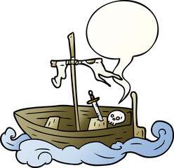 cartoon old shipwrecked boat and speech bubble in smooth gradient style