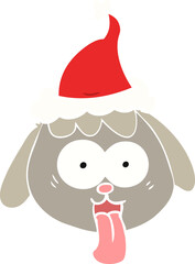 flat color illustration of a dog face panting wearing santa hat