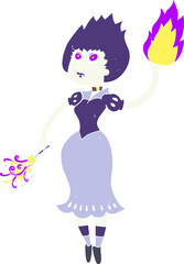 flat color illustration of a cartoon vampire girl casting fireball