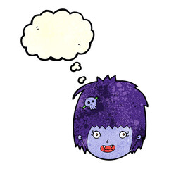 cartoon happy vampire girl face with thought bubble