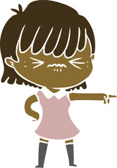 annoyed flat color style cartoon girl blaming
