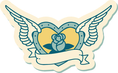 tattoo style sticker of a flying heart with flowers and banner