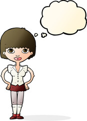 cartoon woman with hands on hips with thought bubble
