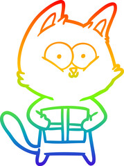 rainbow gradient line drawing cartoon cat holding christmas present