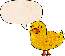 cartoon duck and speech bubble in retro texture style