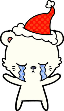 crying comic book style illustration of a polarbear wearing santa hat