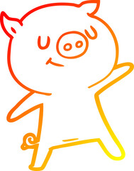 warm gradient line drawing happy cartoon pig waving