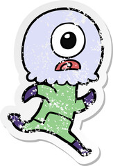 distressed sticker of a cartoon cyclops alien spaceman running