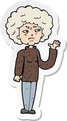 sticker of a cartoon annoyed old woman waving