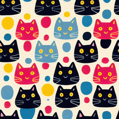 Seamless cat funny pattern. Cute cartoon happy cats colorful illustration, doodle design. Kids trendy art background, tile. For childish cloth, textile, fabric, post cards