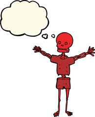 cartoon skeleton in clothes with thought bubble