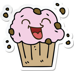 sticker of a quirky hand drawn cartoon happy muffin