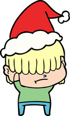 line drawing of a boy with untidy hair wearing santa hat