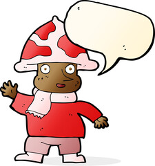 cartoon mushroom man with speech bubble
