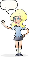 cartoon pretty woman waving for attention with speech bubble