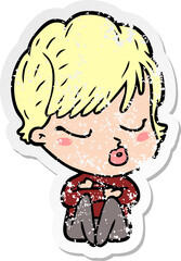 distressed sticker of a cartoon woman with eyes shut