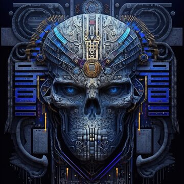 artificial intelligence, electronic circuit board with alien skull processor, evil dark supercomputer, generative ai