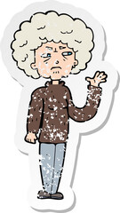 retro distressed sticker of a cartoon annoyed old woman waving