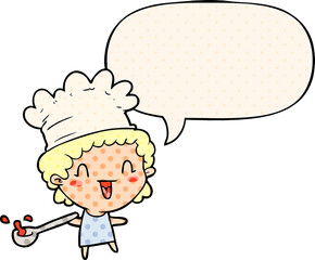 cute cartoon happy chef and speech bubble in comic book style
