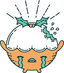 traditional tattoo style christmas pudding character crying