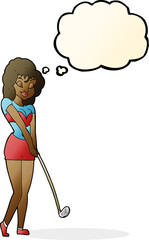 cartoon woman playing golf with thought bubble