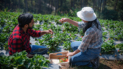 Farmer working with natural organic fruit holding strawberries in farm field and people.