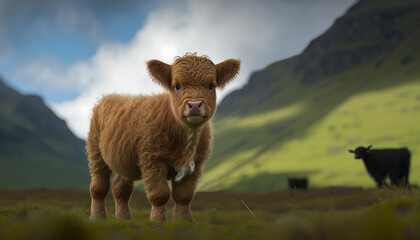 A cute highland calf in an open meadow at midday with mountains created with Generative AI technology