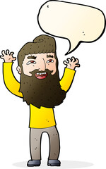 cartoon happy bearded man waving arms with speech bubble