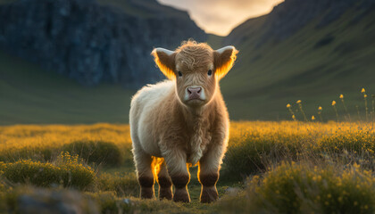 A cute highland cow calf in an open meadow at sunset created with Generative AI technology