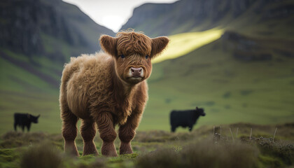 A cute highland cow calf in an open meadow during the day created with Generative AI technology