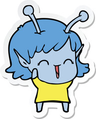 sticker of a cartoon alien girl laughing