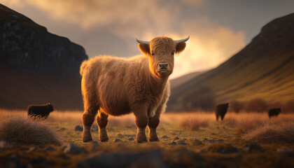 A highland cow calf in an open meadow with other cows at sunset created with Generative AI technology