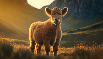 A juvenile highland cow calf in an open meadow with mountains in the background at sunset created with Generative AI technology