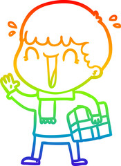rainbow gradient line drawing laughing cartoon man with present